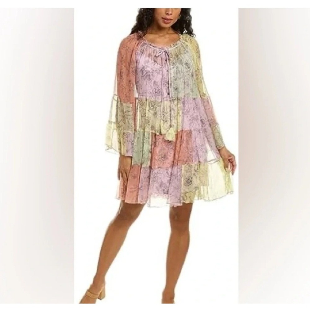Johnny Was Mini Dress Womens S Multi Excellent Patchwork Floral Tiered Boho